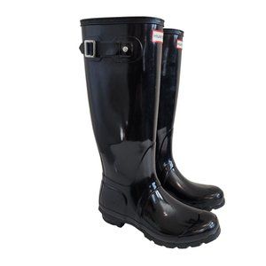 Hunter Original Glossy Black Pull On Tall Adjustable Buckle Rain Boots US Size 7